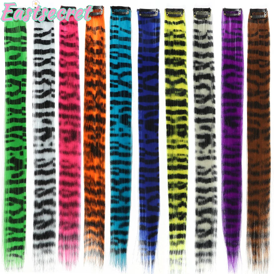 1PCS Y2K Colorful Hair Extensions Leopard print long Straight wig One-piece Clip-In Synthetic Hairpieces cosplay Hair accessory