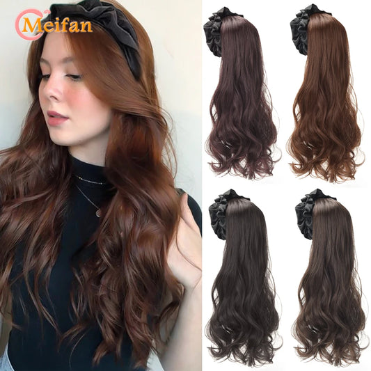 MEIFAN Long Wavy Curly U-shaped With HairBand Synthetic Natural Fake Hairpiece Black Brown Fluffy Half Wig Extension for Women