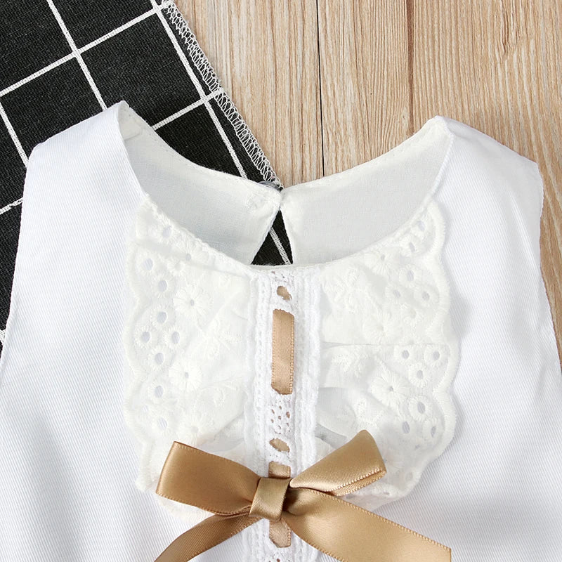 2024 Baby Summer Clothing 0-24M Infant Newborn Baby Girl Lace Dress Sleeveless Bowknot Rib Solid White Shift Gown Headband