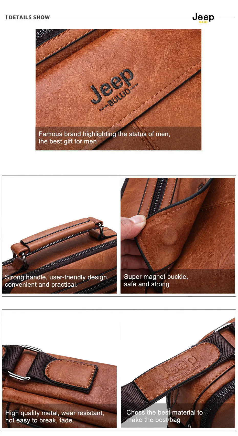 JEEP BULUO Men's Crossbody Shoulder Bags Split Leather Handbag Fashion Business Man Messenger Bag High quality Tote Hot