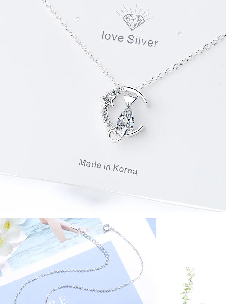 New in 925 Sterling Silver Cat Moon Zircon Women Necklace Wedding Luxury Designer Jewelry  Offers GaaBou Jewellery