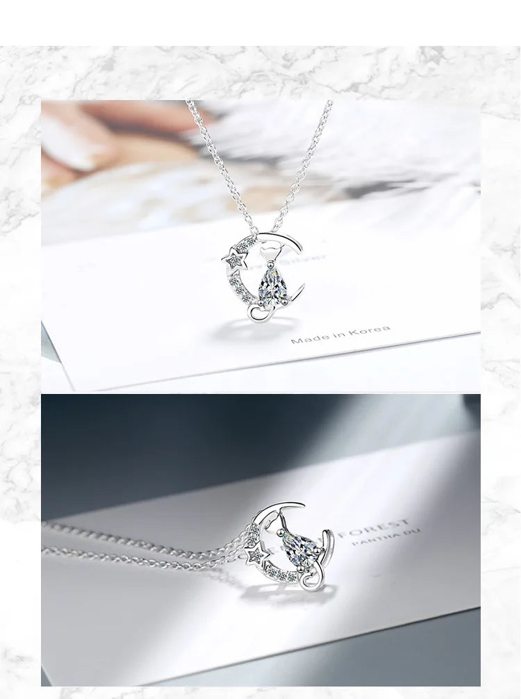 New in 925 Sterling Silver Cat Moon Zircon Women Necklace Wedding Luxury Designer Jewelry  Offers GaaBou Jewellery