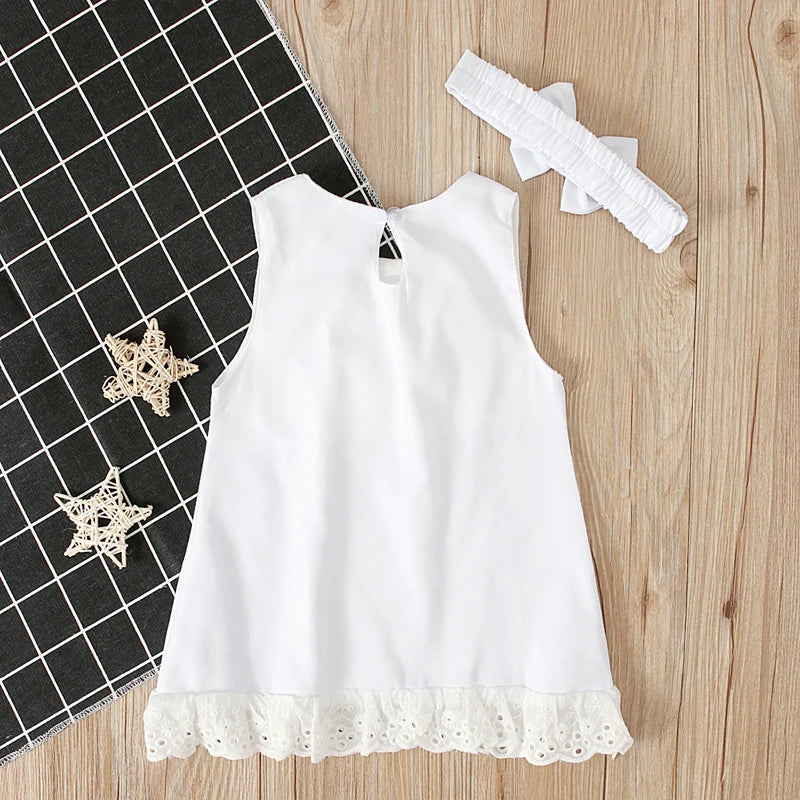 2024 Baby Summer Clothing 0-24M Infant Newborn Baby Girl Lace Dress Sleeveless Bowknot Rib Solid White Shift Gown Headband