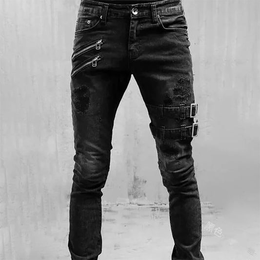 Men High Waist Fashion Jean Spring Summer Boyfriend Motorcycle Street Wear Skinny Casual Denim Pants Jeans Straight Trousers