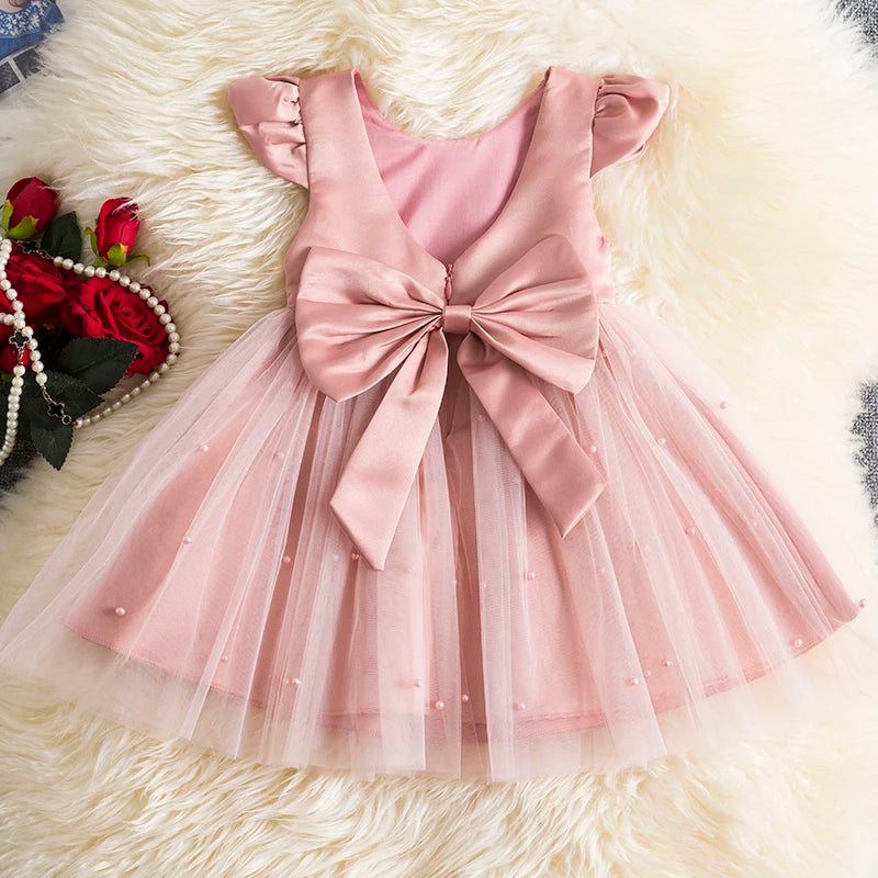 Toddler Girl Flower Birthday Tulle Dress Backless Bow Wedding Gown Kids Party Wear Princess Blue Dress Baby Girl Bowknot Dresses