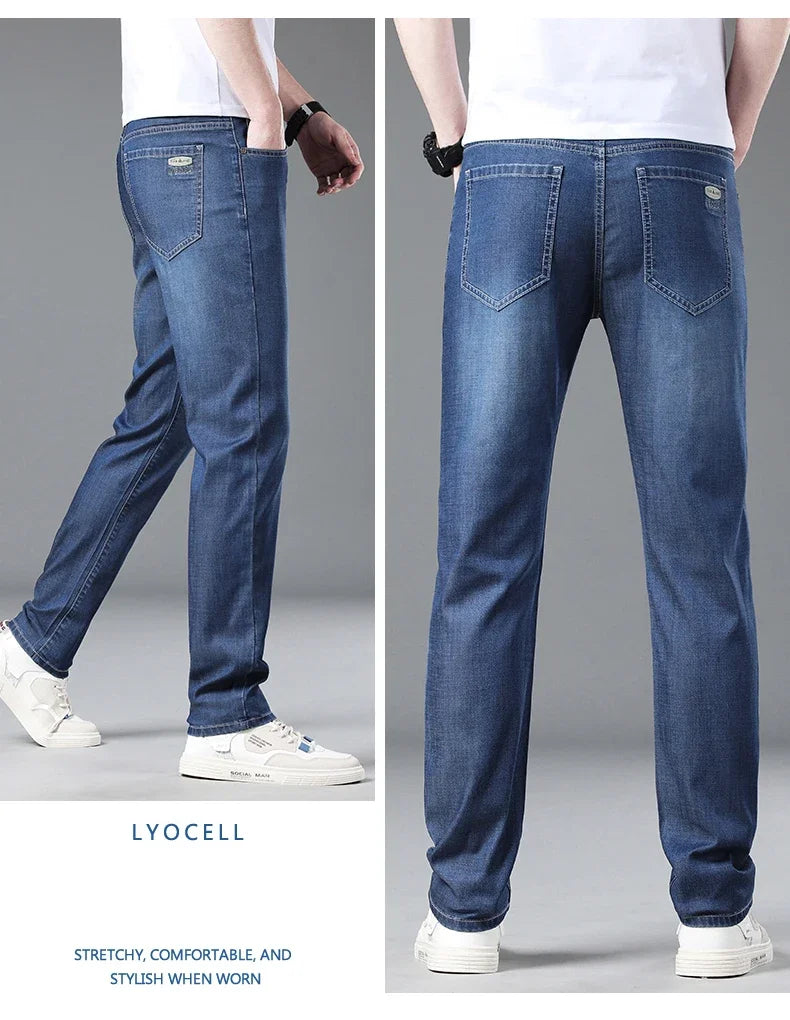 Summer Thin Lyocell Men's Slim Fit Casual Jeans Brand Clothing Stretch Straight Loose Fashionable Casual Denim Trousers Male