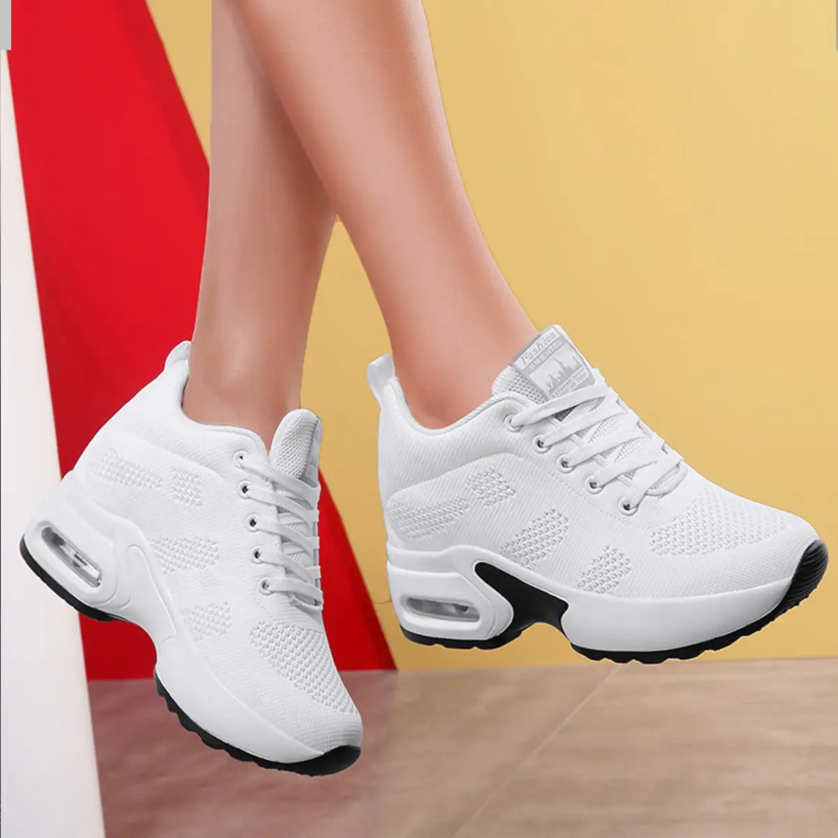 Women Knit Lace Up Platform Shoes Air Cushion Sneakers 8 cm Height Wedge Sneakers Red Casual Shoes Zapatillas Mujer 1912 v