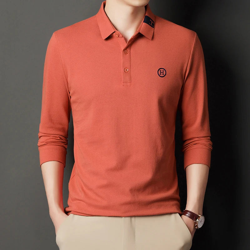 New Men's Casual Embroidery Long Sleeve Polo Shirt Fashion Solid Color Top