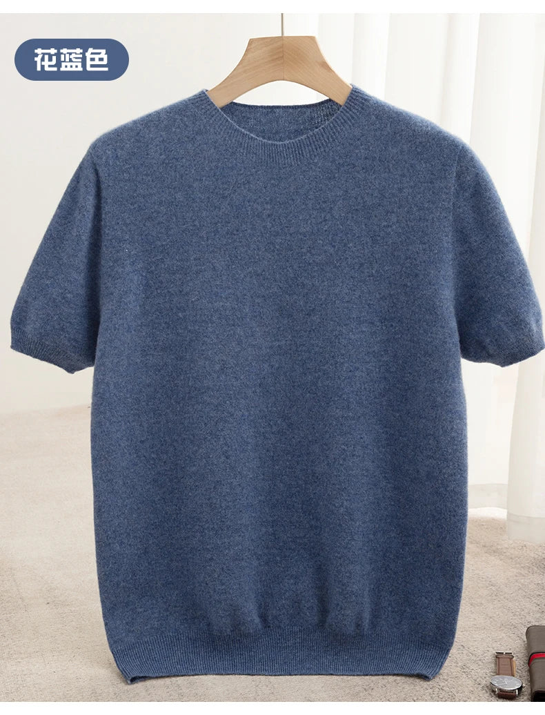 Spring Summer Men's Short Sleeved Pure Wool T-Shirt Sweater O-neck Solid Color Loose Pullover Knitted Sweater Casual Top