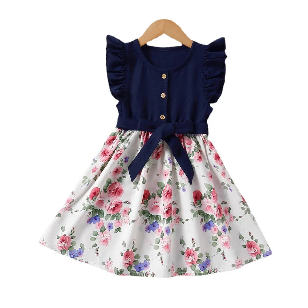 Girls Kids Dress Spring Summer New Girls Lace Sleeve Splicing Floral Dress Casual Fashion Clothes Vestidos 3 to 8 Years