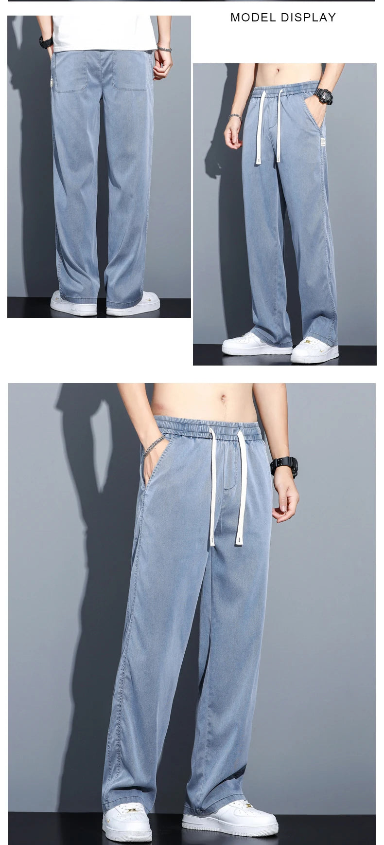 S-5XL 6Style,Men's Loose Jeans Summer Soft Lyocell Thin Fabric Straight Pants Drawstring Elastic Waist Korea Casual Trousers,Y2K