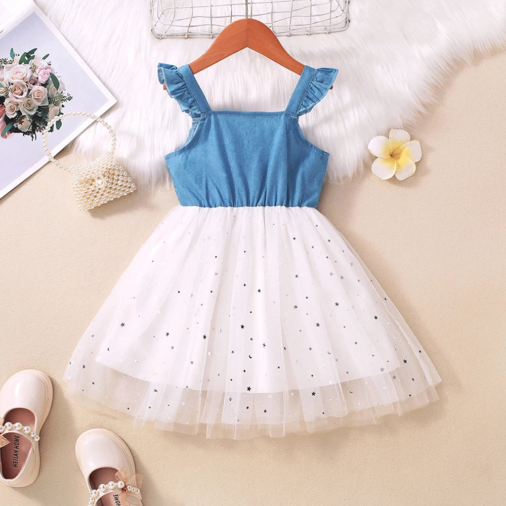 Summer New Leisure Little Flying Sleeves Hanging Strap Spliced Mesh Dress For Primary And Secondary School Girls