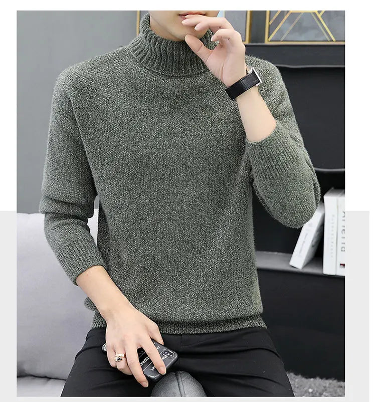 2024 Men Brand High Neck Knitted Pullover New Arrivals Male Fashion Streetwear Casual Slim Solid Color Turtleneck Sweater Male