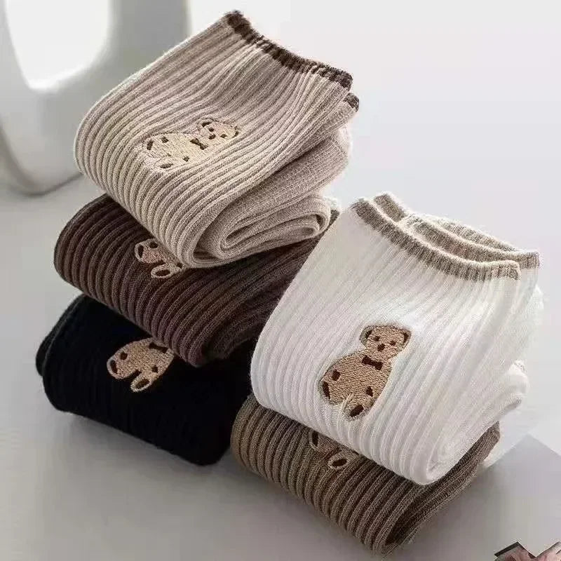 1/5pairs Cartoon Bear Socks Soft Cotton Socks Autumn Coffee Stockings Kawaii Women Socks Korean Casual Stockings Women Hosiery