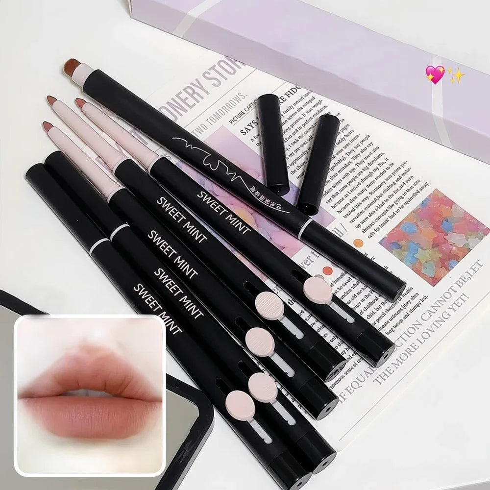 Waterproof Matte Lipliner Pencil with Brush Sexy Nude Brown Contour Tint Lipstick Lasting Non-stick Cup Lip Liner Lips Makeup