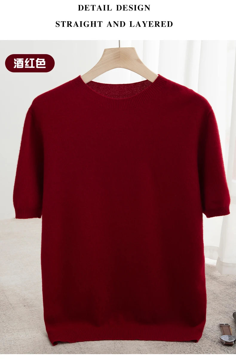 Spring Summer Men's Short Sleeved Pure Wool T-Shirt Sweater O-neck Solid Color Loose Pullover Knitted Sweater Casual Top