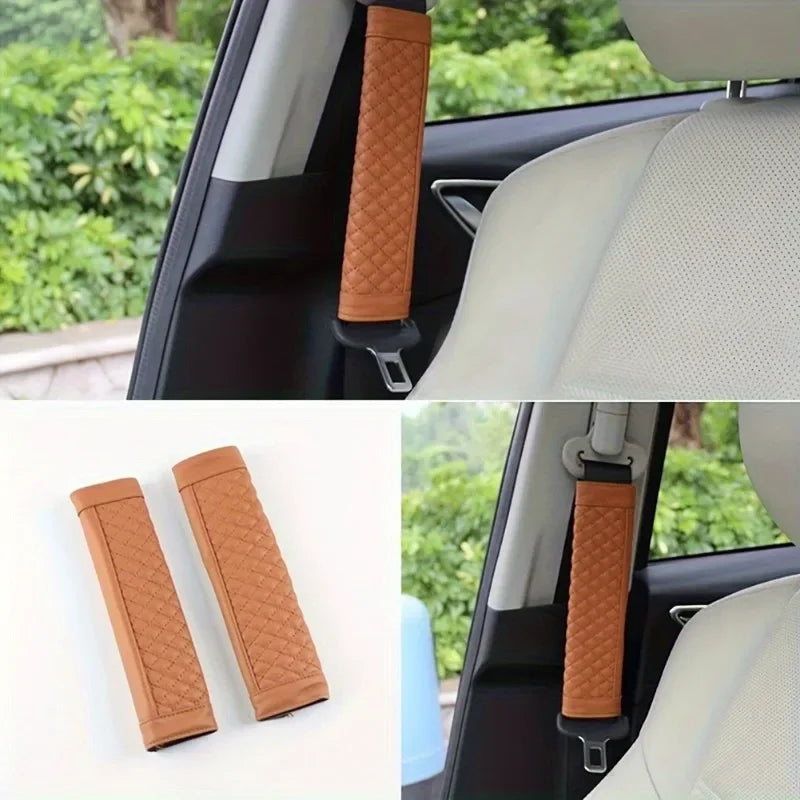 Car Seat Belt Shoulder Cover Leather Embroidery Wear-resistant Non-slip Leather Safety Cover Car Interior Decoration Products