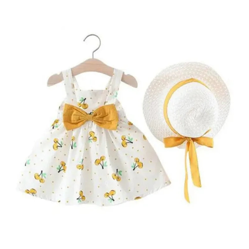 1Pc Kids Girl Summer Sleeveless Dress Cute Print Bow Casual Dress with Straw Hat