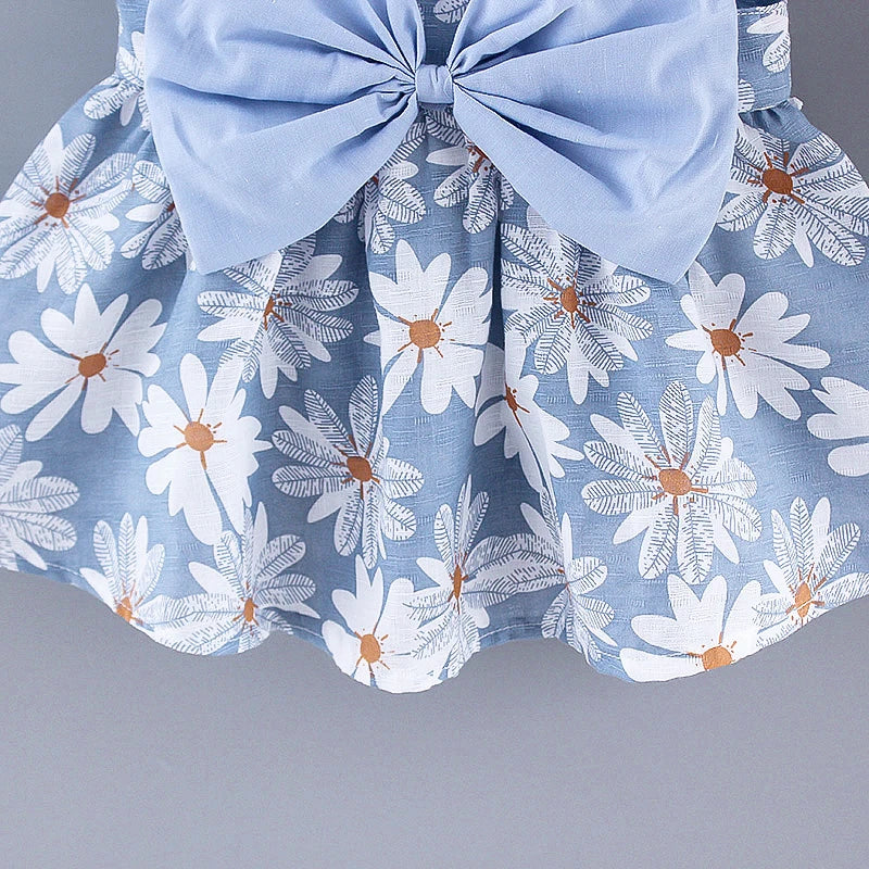 2pcs Baby Girls Sleeveless Daisy Print Back Big Bow Decor Beach Dress & Hat Set Kids Summer Clothes