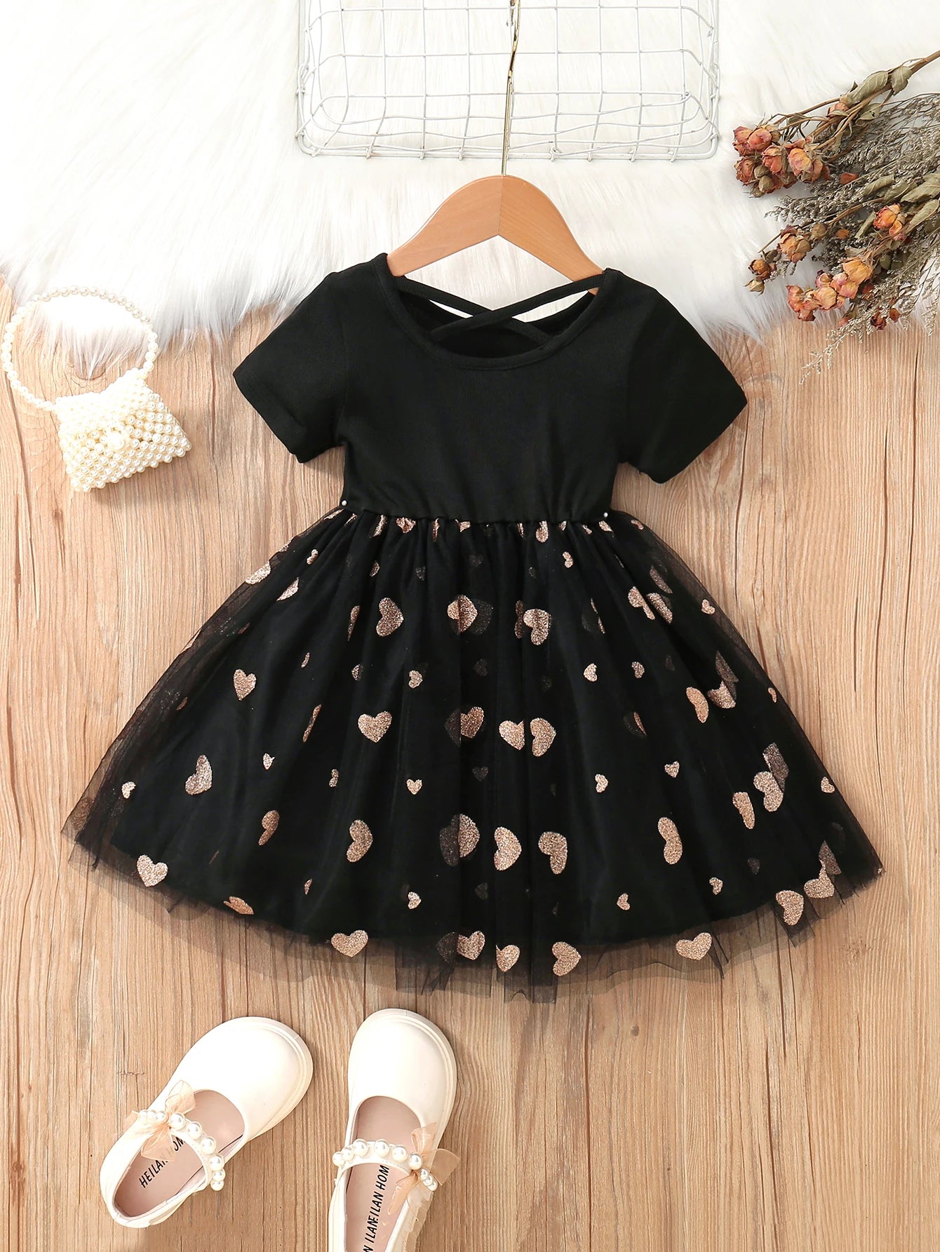 Summer New Product For Primary And Secondary School Children, Sweet And Cute Girls, Spliced Love Mesh Short Sleeved Dress