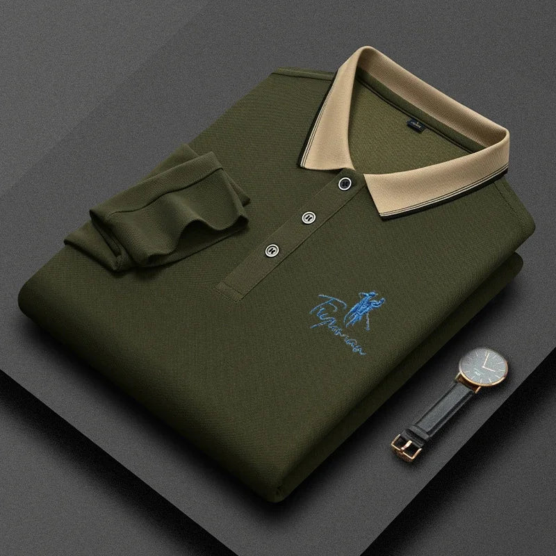 New Men's Casual Embroidery Long Sleeve Polo Shirt Fashion Solid Color Top