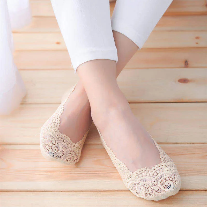 1/5pairs Ballet Lace Flower Sock Slippers Women Summer Silicone Non-slip Ankle Sox Invisible Slipper Lady Hollow Boat Socks Sox