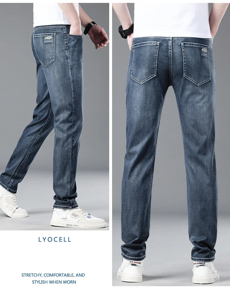 Summer Thin Lyocell Men's Slim Fit Casual Jeans Brand Clothing Stretch Straight Loose Fashionable Casual Denim Trousers Male