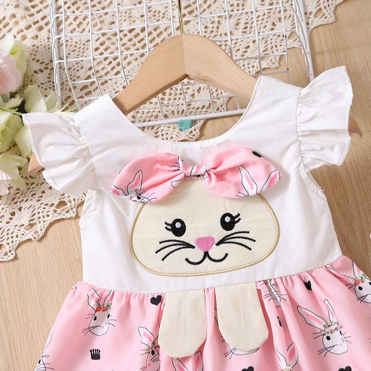 Summer Girls Cartoon Butterfly Sleeve Sleeveless Cute Rabbit Pattern Dress Little Girl Easter Skirt Suitable For Holiday Parties