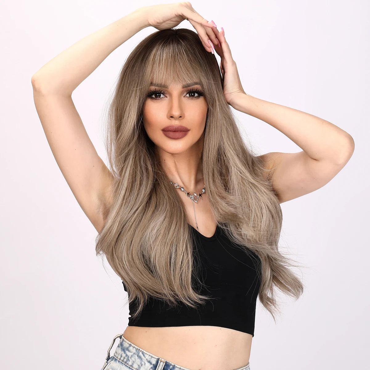 Smilco Fashion Straight Bang Grey Wave Wigs For Women Synthetic Fiber Natural Wig Daily Cosplay Curly Heat Resistant Fake Hair