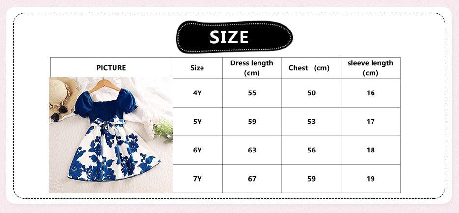 Girl Dress Summer New Sweet Print Patchwork Bubble Sleeve Blue Princess Skirt Birthday Party Dress Girl Baby Children's Clothing