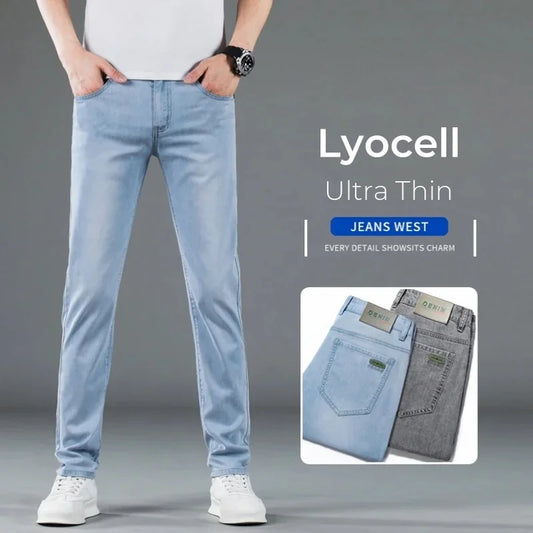 Summer Thin Lyocell Men's Slim Fit Casual Jeans Brand Clothing Stretch Straight Loose Fashionable Casual Denim Trousers Male