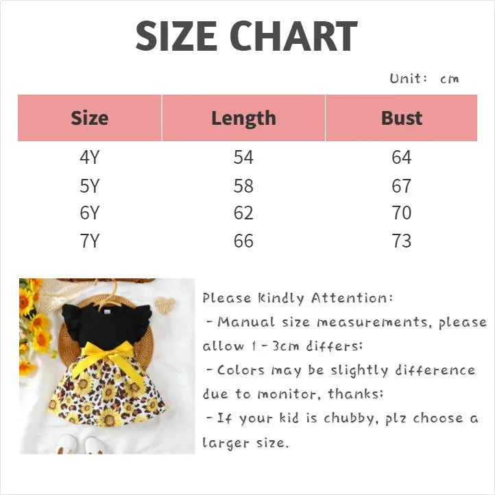 Summer Child Girl Fashion Dress Petal Sleeve Patchwork Sunflower Dress with Big Bow Birthday Party Costume for Kids 4-7 Years