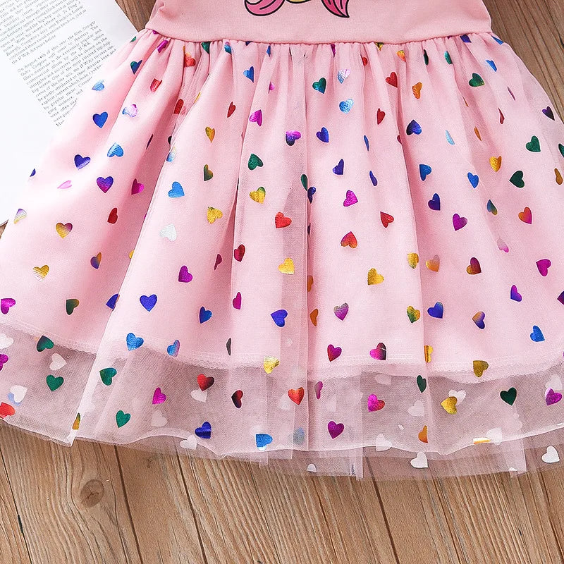 2023 Summer Girls Dress Cotton Cartoon Unicorn Splicing Mesh Party Princess Dresses For 2-6 Years Girls Birthday Clothes