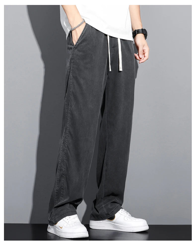 S-5XL 6Style,Men's Loose Jeans Summer Soft Lyocell Thin Fabric Straight Pants Drawstring Elastic Waist Korea Casual Trousers,Y2K