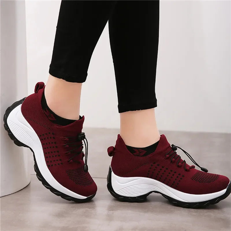 Women's Walking Shoes Fashion Sock Sneakers Mesh Breathe Comfortable Nursing Trainers Casual Platform Loafers Non-Slip Elevator