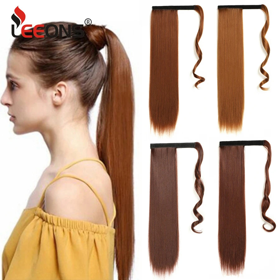 Synthetic Straight Black Wrap Around Ponytails Hair Extensions 22 Inch Fake Hair Piece Wig Heat Resistant Ponytail For Women