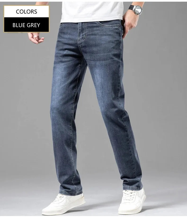 Summer Thin Men's Cotton Jeans New Fashion Gray Elastic Straight Business Casual Pants Comfortable Brand Trousers