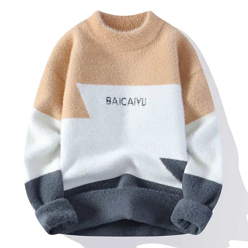 2023 Colorblock Warm Sweater Half Round Neck Sweater Slim Fit Sweater Top Knit Men's Christmas Cardigan