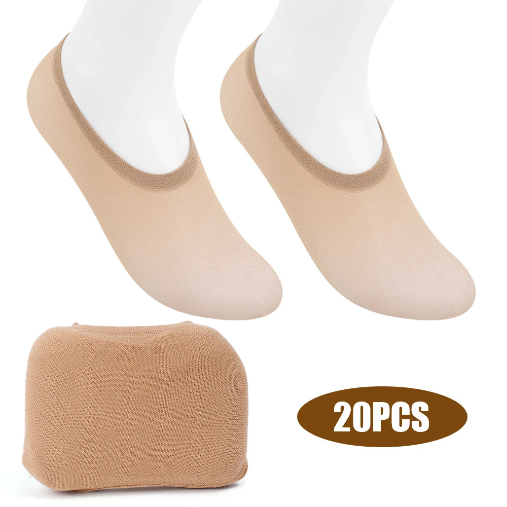 20pcs Non-slip Invisible Socks Slippers Seamless Ice Silk Ankle Boat Socks Summer Thin Solid Casual Breathable No Show Socks