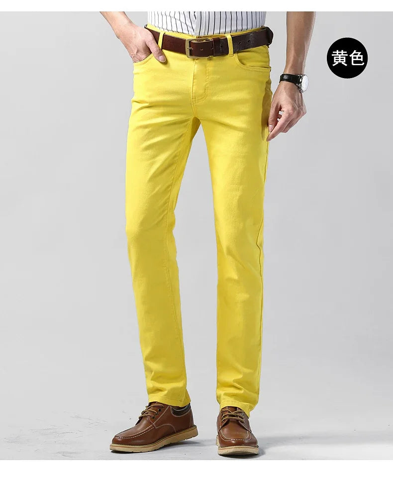 Men's Colorful Denim Stretch Stretch Jeans New Elastic Yellow Pink Red Slim Male Clothing Simple Business Denim Trousers