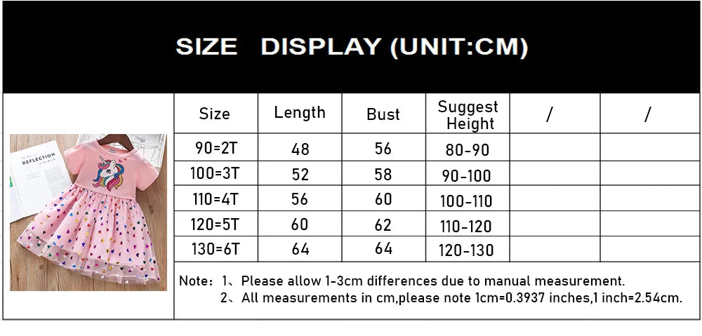 2023 Summer Girls Dress Cotton Cartoon Unicorn Splicing Mesh Party Princess Dresses For 2-6 Years Girls Birthday Clothes