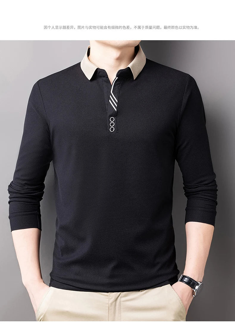 New Men's Casual Stripe Plaid Long Sleeve Polo Shirt Fashion Solid Polo Top