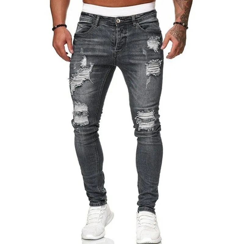 New Fashion Streetwear Ripped Skinny Jeans Men Vintage Wash Solid Denim Trouser Mens Casual Slim Fit Pencil Denim Pants Hot Sale