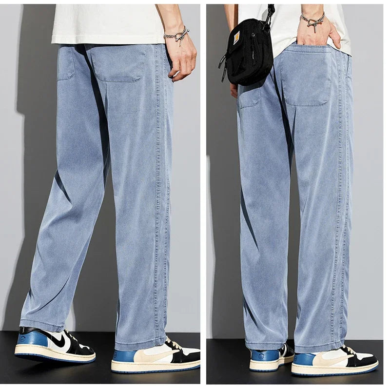 S-5XL 6Style,Men's Loose Jeans Summer Soft Lyocell Thin Fabric Straight Pants Drawstring Elastic Waist Korea Casual Trousers,Y2K