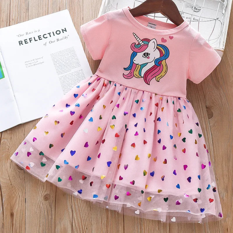 2023 Summer Girls Dress Cotton Cartoon Unicorn Splicing Mesh Party Princess Dresses For 2-6 Years Girls Birthday Clothes