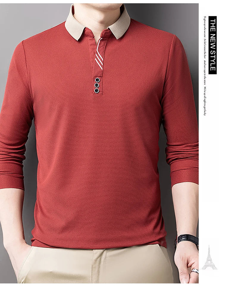 New Men's Casual Stripe Plaid Long Sleeve Polo Shirt Fashion Solid Polo Top