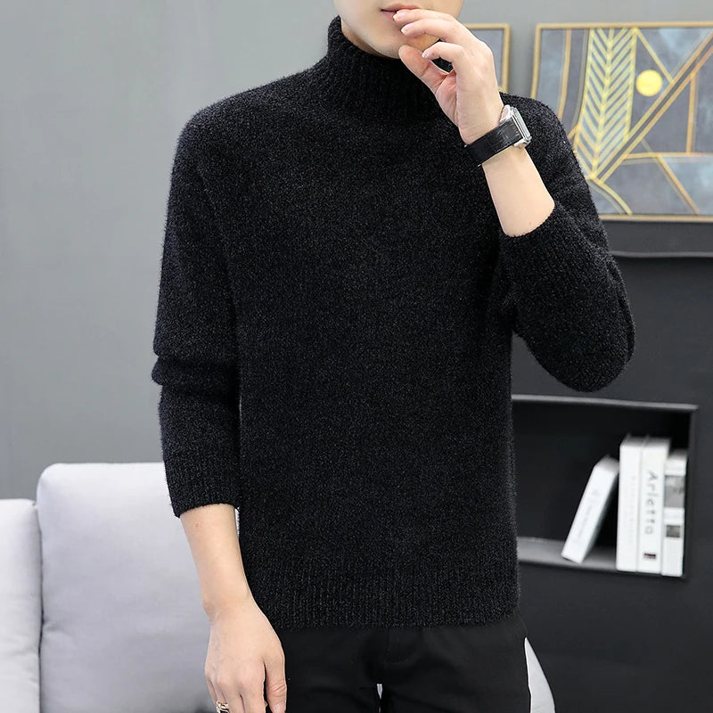 2024 Men Brand High Neck Knitted Pullover New Arrivals Male Fashion Streetwear Casual Slim Solid Color Turtleneck Sweater Male