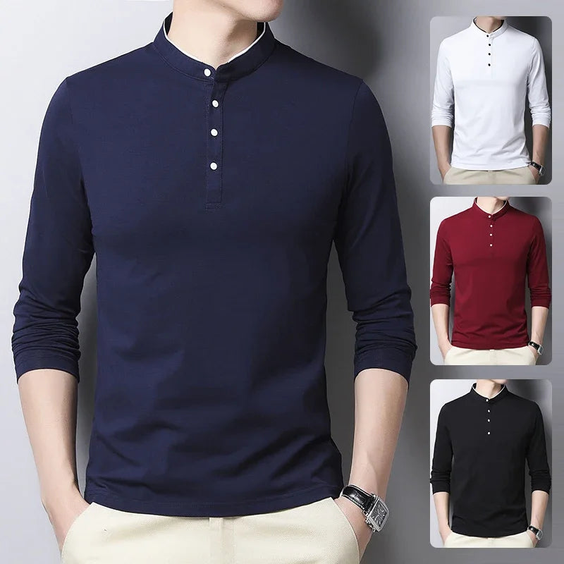 Men's Fashion Long sleeved POLO Shirt Casual Cotton Breathable Top Stand up Collar Korean Comfortable T-shirt Top