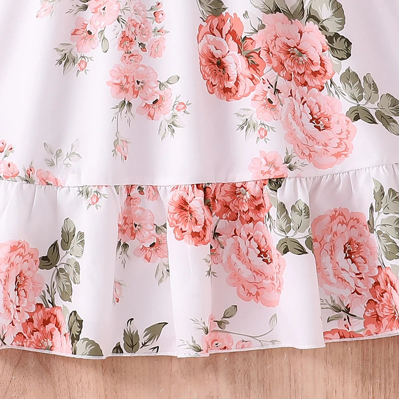 Summer Girls Dress For  8-12 Years White  Floral Print  Suspender Skirt  Edge off-shoulder  Elegant  Holiday  Party Dress