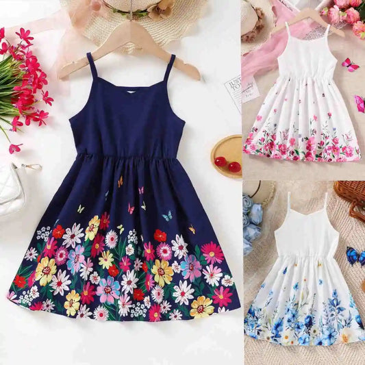 Kids Girl Summer New Sling Dress Flower Print Suspenders Dresses Daily Comfortable Casual Clothing for Children Girl 4-7 Years